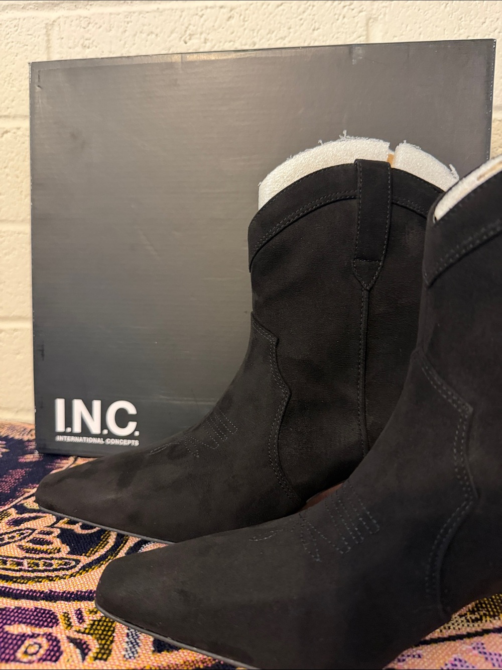 INC International Concepts Black Suede Pointed-Toe Kitten Heel Ankle Boots